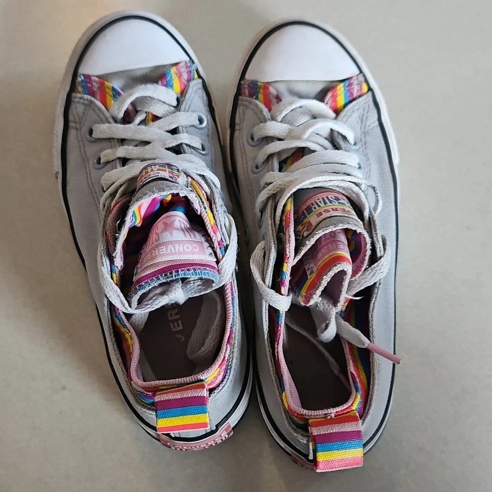 Rainbow Grey Double Tongue Converse Sneakers